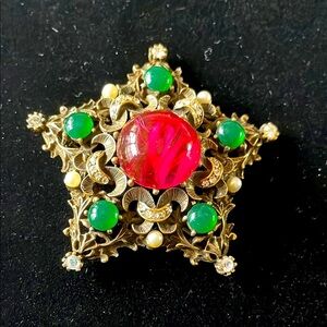ART Nouveau Antique Pink & Green Jelly Belly Signed SA. Star Brooch Pendant